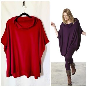 Bryn Walker Lagenlook Cowl Neck Bamboo Organic Cotton Poncho Sweater Top in Red
